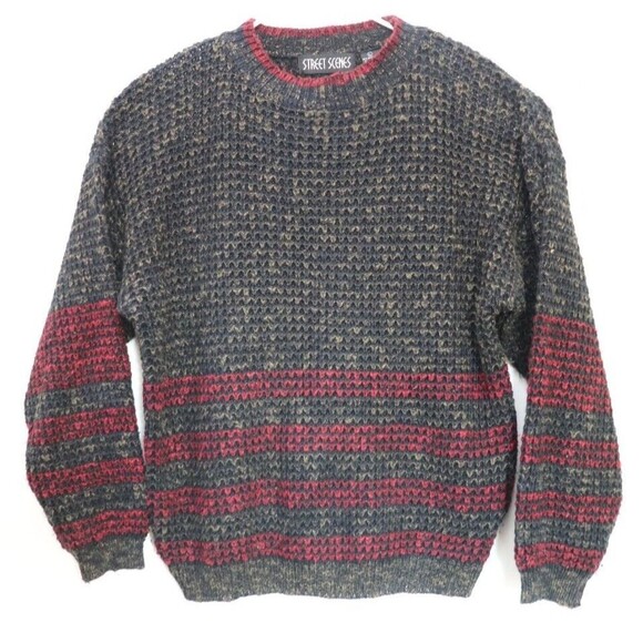 Vintage Street Scenes‎ Sweater Chunky Knit L 90s Grey Acrylic Cosby Grandpa - Picture 1 of 6